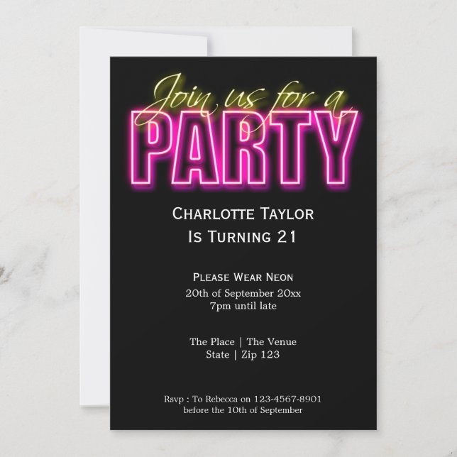 Neon Themed Party Invitation (Front)
