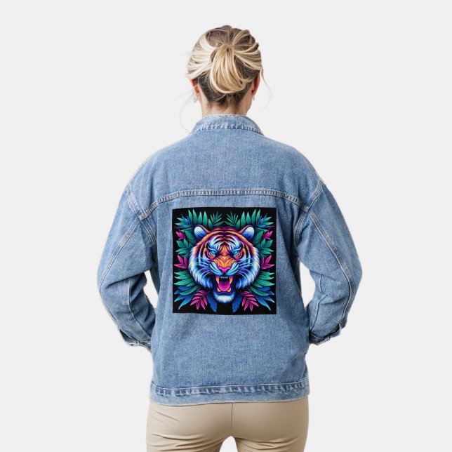 Neon Tiger and jungle leaves Denim Jacket (Model)