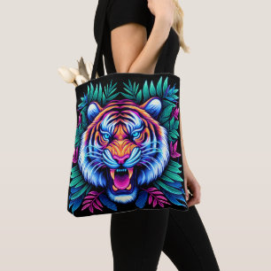 Neon Tiger and jungle leaves Tote Bag