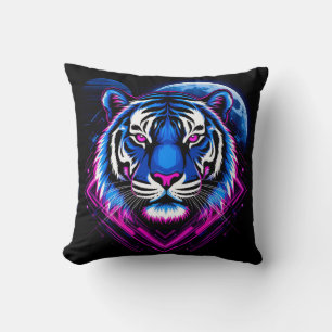 Neon Tiger Illustration with Geometric Shapes Cushion