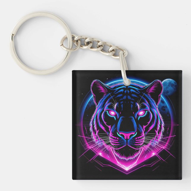Neon Tiger Illustration with Geometric Shapes Key Ring (Front)