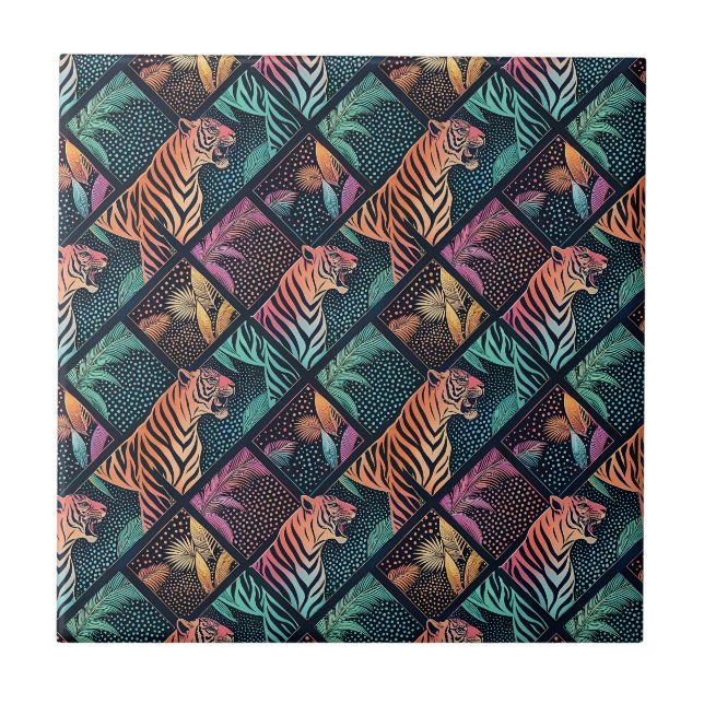 Neon Tiger Jungle Pop Art Geometric Animal Pattern Tile (Front)