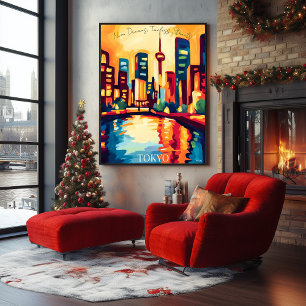 Neon Tokyo Skyline in Abstract Fauvist Style Poster