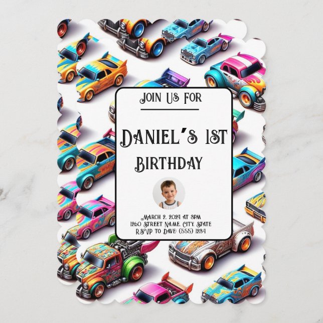 Neon Toy Car Theme 1st Birthday Invitation  (Front/Back)