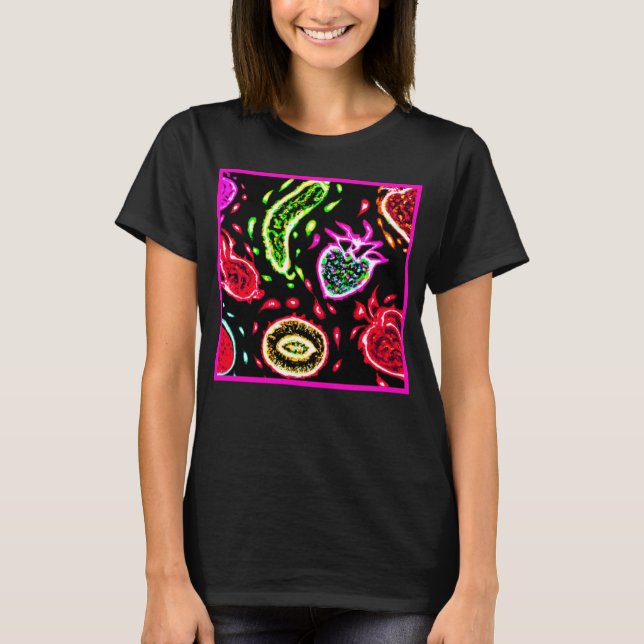 Neon Tropical Fruits Patterns Art. Buy Now T-Shirt (Front)