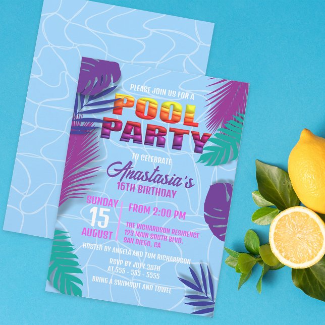 Neon Tropical Sweet 16 Birthday Summer Pool Party Invitation (Creator Uploaded)