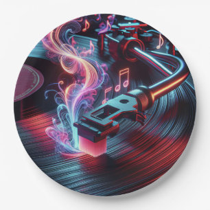 Neon Turntable With Vinyl Record Paper Plate