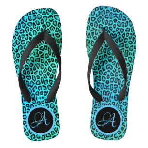 Neon Turquoise Leopard Print Monogram Jandals