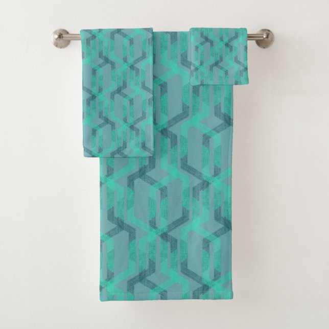 Neon turquoise pattern on grey background. bath towel set (Insitu)