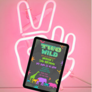 Neon Two Wild Animals 2nd Birthday Invitation