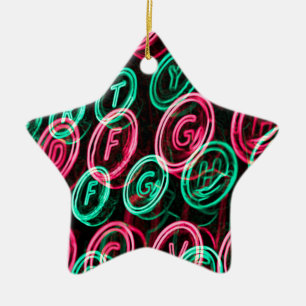 Neon typewriter keys close up ceramic tree decoration