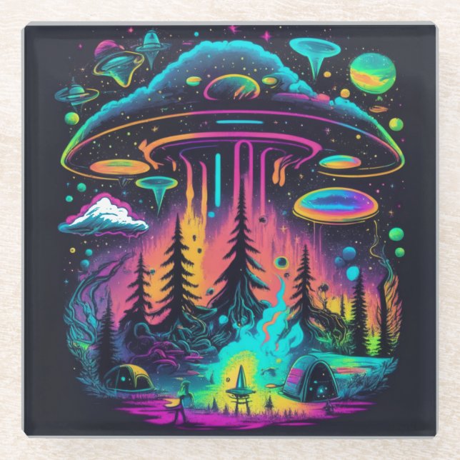 Neon UFO and Alien Scene Psychedelic Art Glass Coaster (Front)
