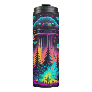Neon UFO and Alien Scene Psychedelic Art Thermal Tumbler