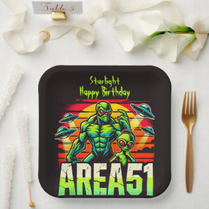 Neon UFOs Hover Over Area 51 Paper Plate