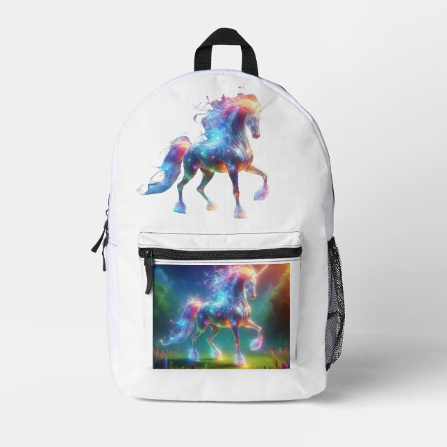 Neon Unicorn Art – Glowing Fantasy Horse Rainbow Printed Backpack (Front)