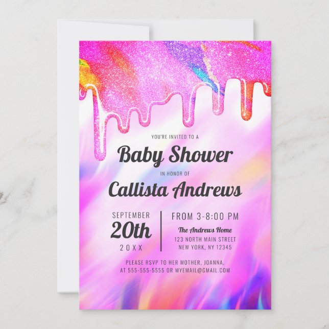 Neon Unicorn Holographic Glitter Drip Baby Shower Invitation (Front)