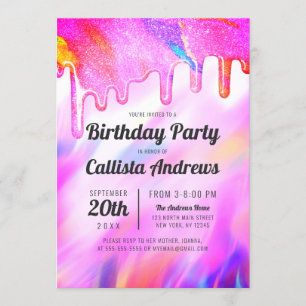 Neon Unicorn Holographic Glitter Drips Birthday Invitation
