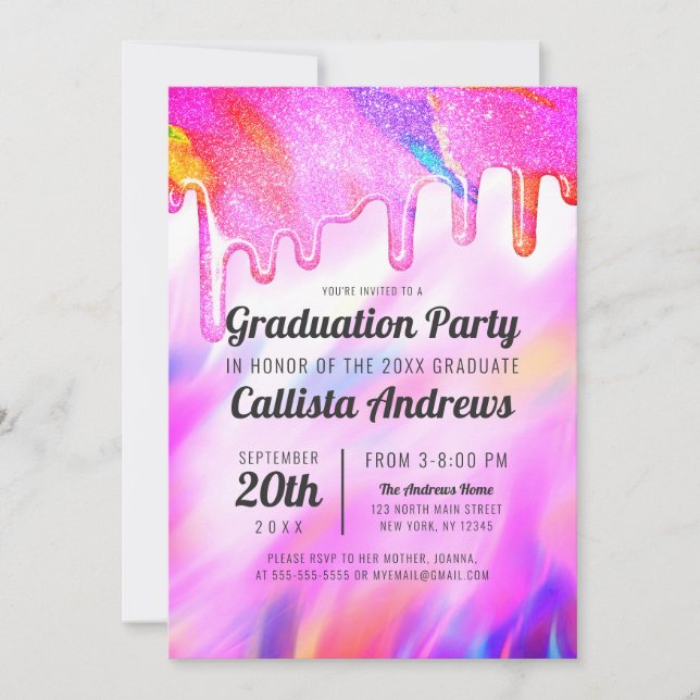 Neon Unicorn Holographic Glitter Drips Graduation Invitation (Front)