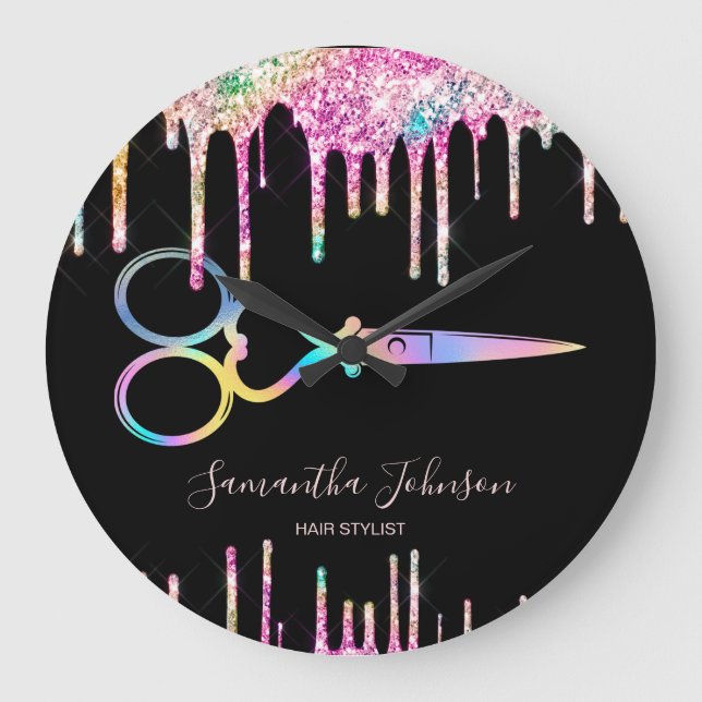 Neon Unicorn Holographic hairstylist hairdresser B Large Clock (Front)