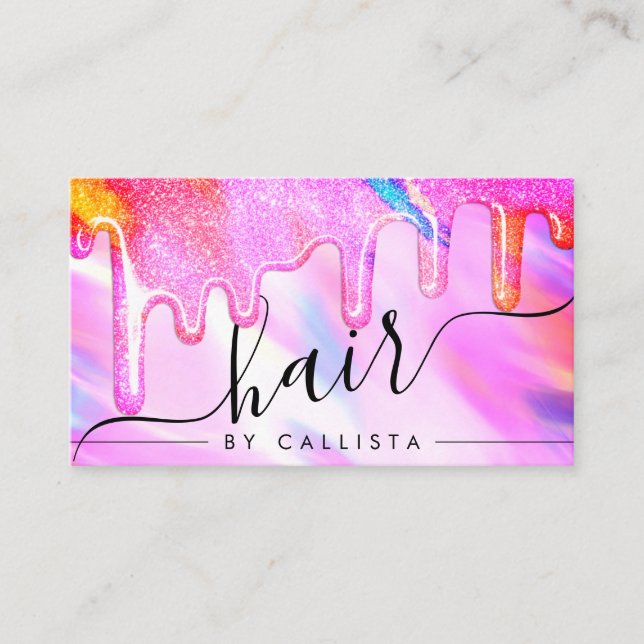 Neon Unicorn Holographic Thick Glitter Drips Hair Business Card (Front)
