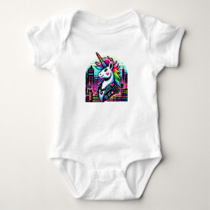 Neon Urban Unicorn - Pixel Art Cityscape Baby Bodysuit