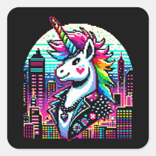 Neon Urban Unicorn - Pixel Art Cityscape Square Sticker