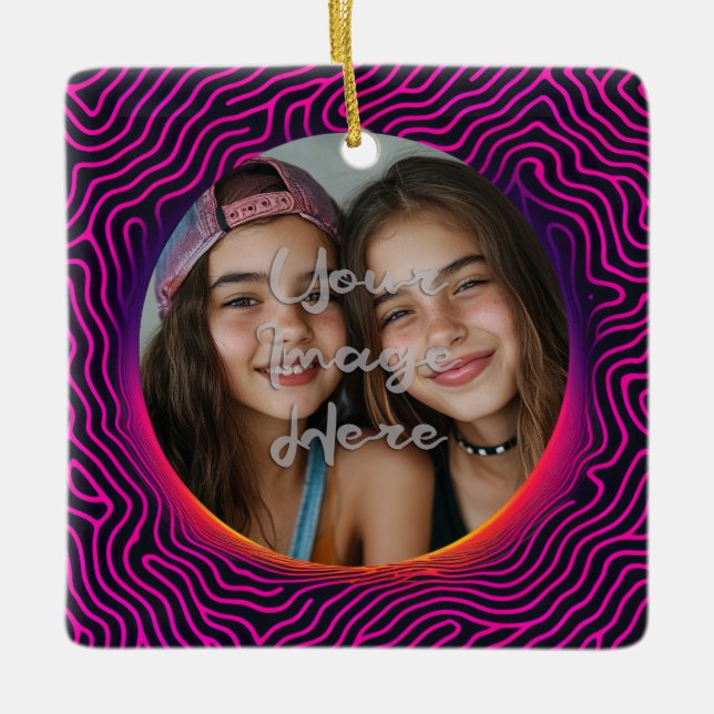 Neon Vaporwave Swirl Custom Photo Frame Ceramic Ornament (Front)
