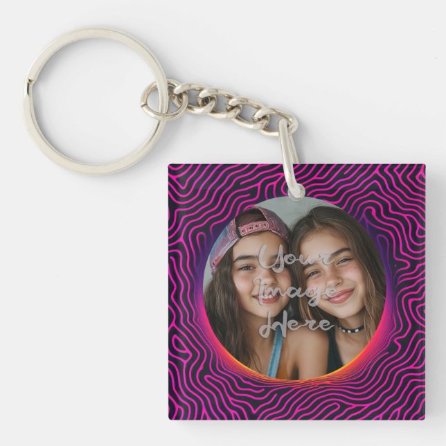Neon Vaporwave Swirl Custom Photo Frame Key Ring (Front)