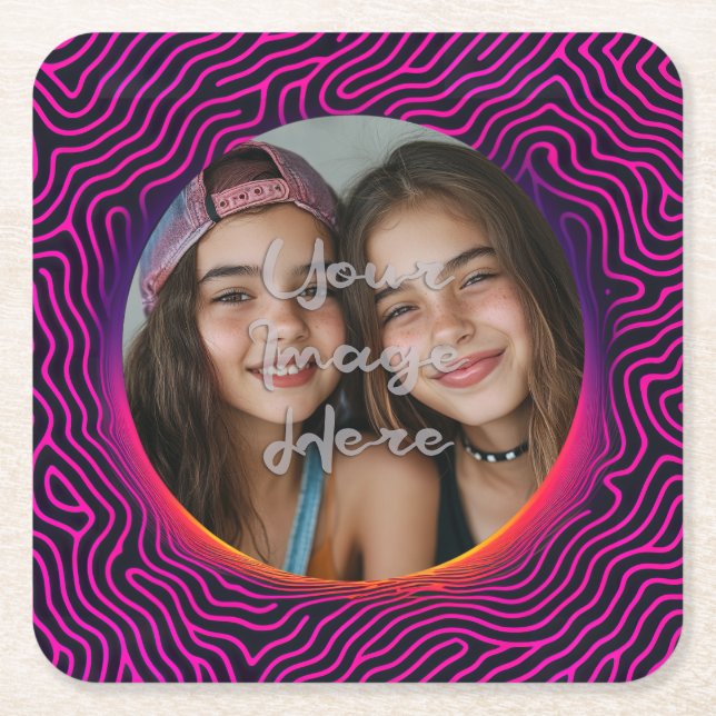 Neon Vaporwave Swirl Custom Photo Frame Square Paper Coaster (Front)