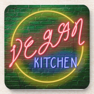 Neon Vegan Kitchen Sign Coaster