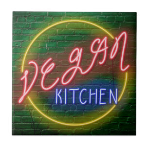 Neon Vegan Kitchen Sign Tile