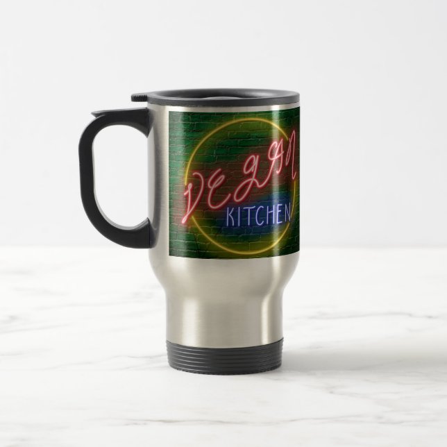 Neon Vegan Kitchen Sign Travel Mug (Left)