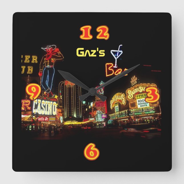 Neon Vegas Home Bar Personalised Square Wall Clock (Front)