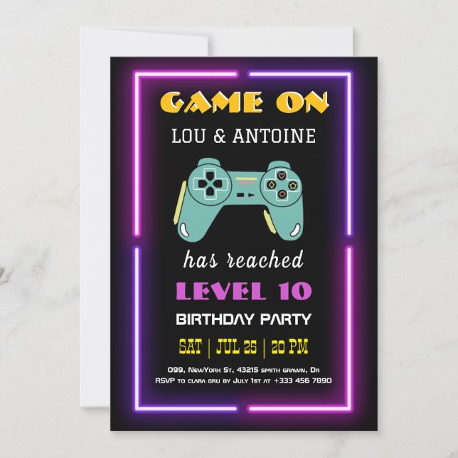 Neon Video Game Birthday Invitation (Front)