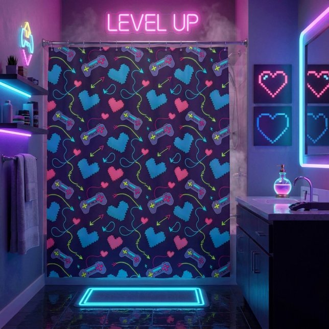 Neon Video Game Controller Gamer Shower Curtain (Creator Uploaded)