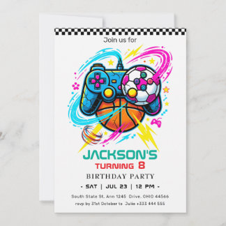 Neon Video Game & Sports Birthday Invitation