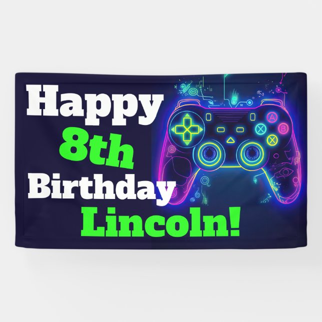 Neon Video Gamer Arcade Gaming Happy Birthday Banner (Horizontal)