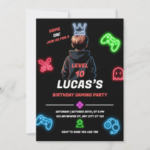 Neon Video Gaming Birthday Party Level Up Invitation