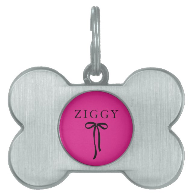 neon vivid pink | black bow pet ID tag (Front)