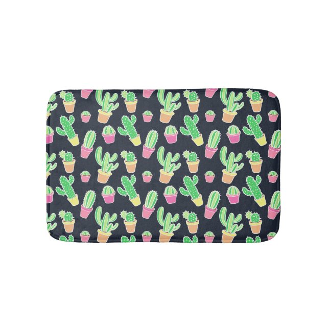 Neon Watercolor Cacti in Pots Pattern Bath Mat (Front)