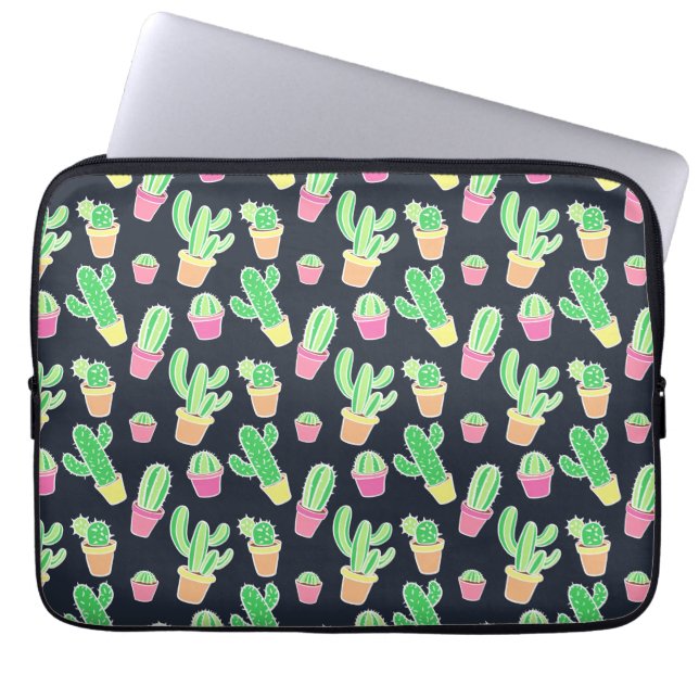 Neon Watercolor Cacti in Pots Pattern Laptop Sleeve (Front)