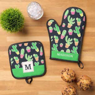 Neon Watercolor Cacti in Pots Pattern Oven Mitt & Pot Holder Set