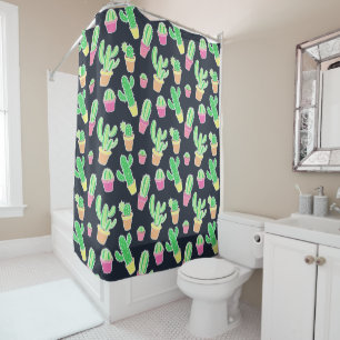 Neon Watercolor Cacti in Pots Pattern Shower Curtain