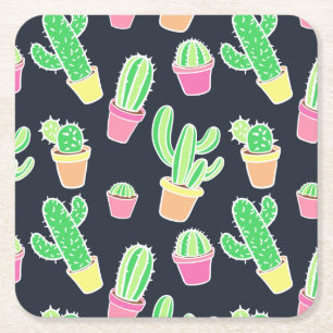 Neon Watercolor Cacti in Pots Pattern Square Paper Coaster