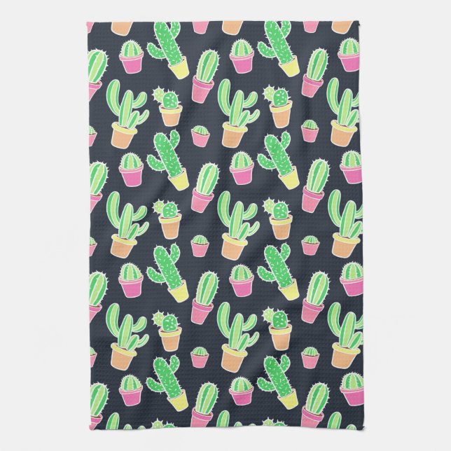 Neon Watercolor Cacti in Pots Pattern Tea Towel (Vertical)