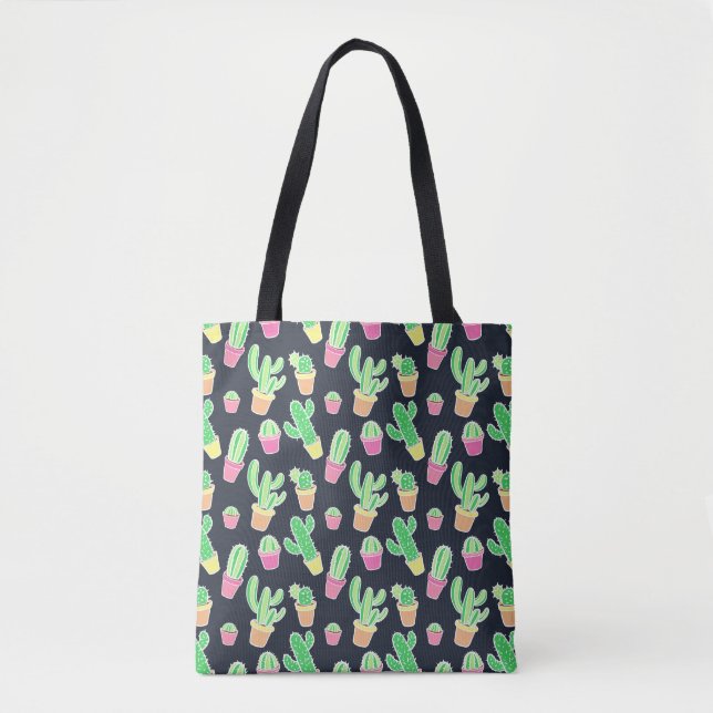 Neon Watercolor Cacti in Pots Pattern Tote Bag (Front)