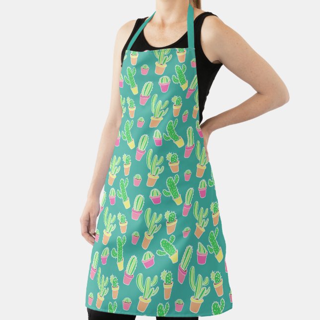Neon Watercolor Cactus In Pots Pattern Apron (Insitu)
