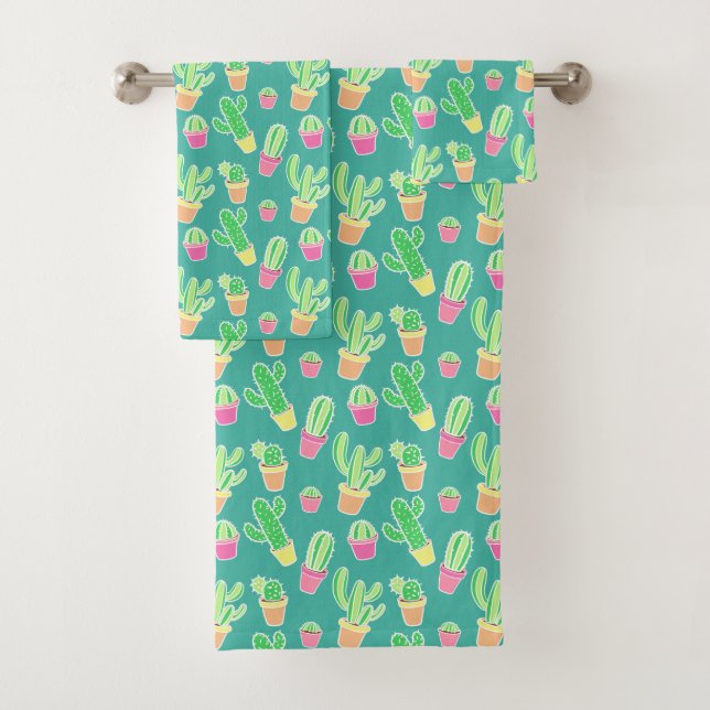 Neon Watercolor Cactus In Pots Pattern Bath Towel Set (Insitu)