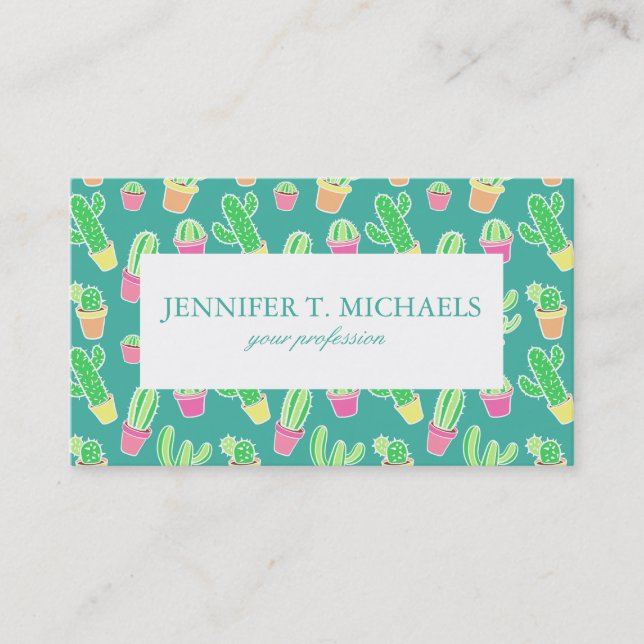 Neon Watercolor Cactus In Pots Pattern Business Card (Front)
