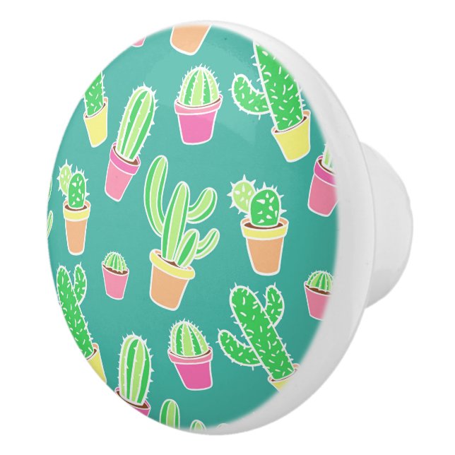 Neon Watercolor Cactus In Pots Pattern Ceramic Knob (Right)